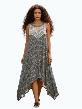 Penningtons Boho Crochet Yoke  Asymmetrical Hem Dress Plus Size 1X